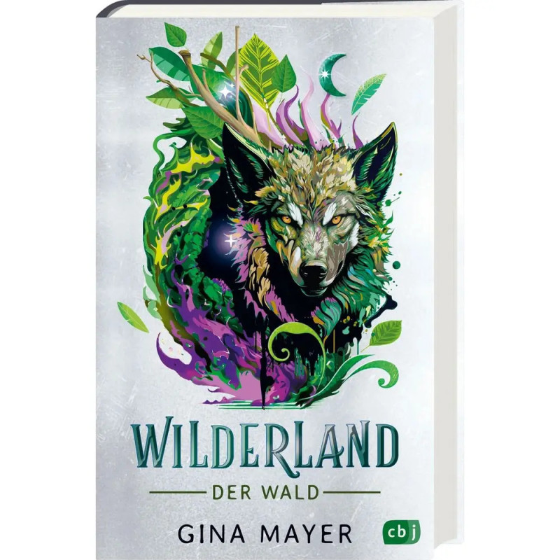 Buchcover von Wilderland: Der Wald von Gina Mayer mit einer Illustration eines Wolfs und bunten Blätterakzenten.