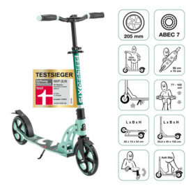 Türkis-schwarzer Kickroller mit Symbolen für Radgröße, Höhe und maximales Gewicht.