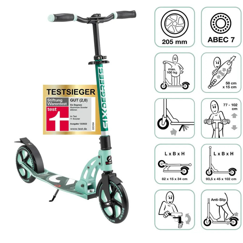 Türkis-schwarzer Kickroller mit Symbolen für Radgröße, Höhe und maximales Gewicht. Türkis-schwarzer Kickroller mit Symbolen für Radgröße, Höhe und maximales Gewicht.