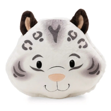Plüschkissen in Form eines lächelnden weißen Tigers mit grauen Streifen und braunen Ohren auf weißem Hintergrund.