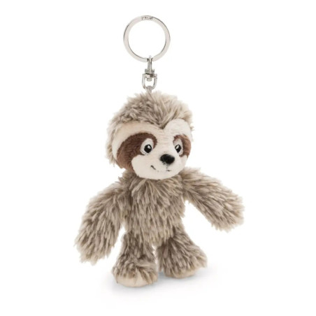 Plüschiger Faultier-Schlüsselanhänger mit zotteligem braunem Fell, weißem Gesicht und Metallring am Kopf.
