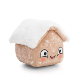 Plüsch-Spielzeug Lebkuchenhaus mit weißem Dach, Gesicht und dekorativen weißen Zuckerguss-Verzierungen.