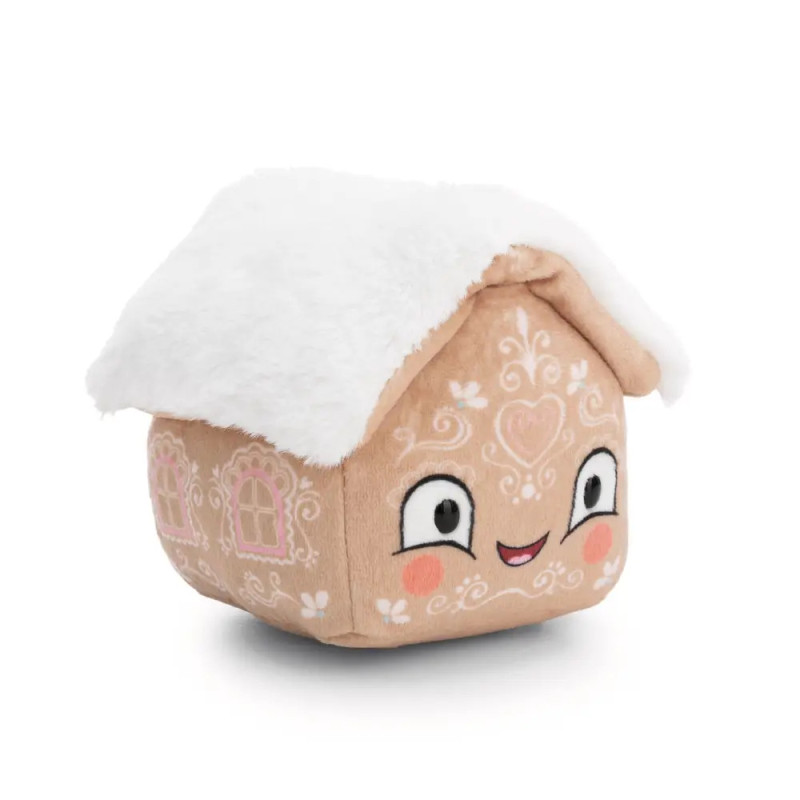 Plüsch-Spielzeug Lebkuchenhaus mit weißem Dach, Gesicht und dekorativen weißen Zuckerguss-Verzierungen.