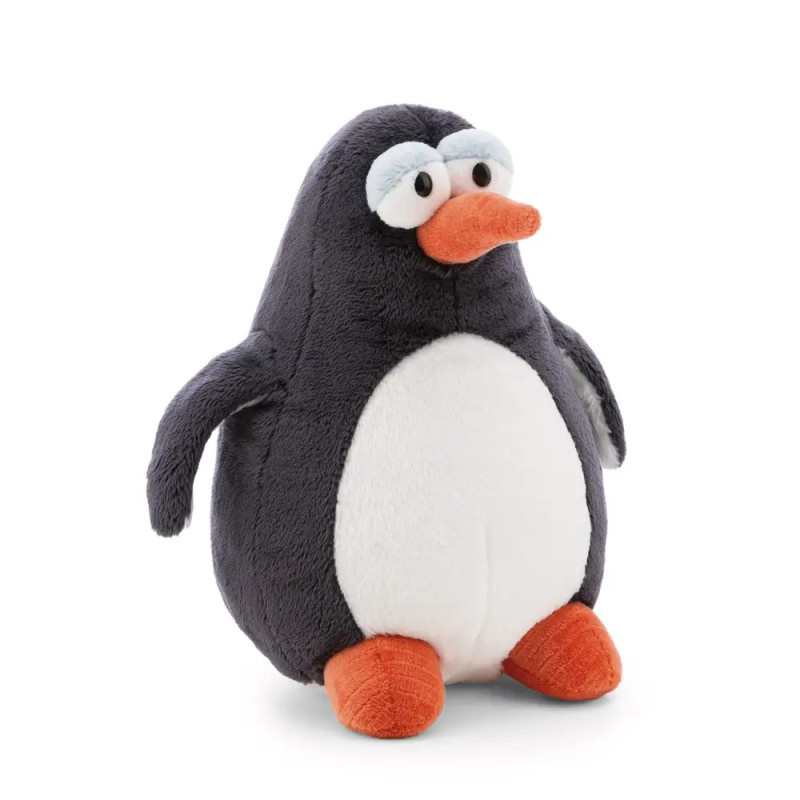 Plüsch-Pinguin mit orangefarbenem Schnabel und Füßen, weißem Bauch und großen Augen vor weißem Hintergrund.