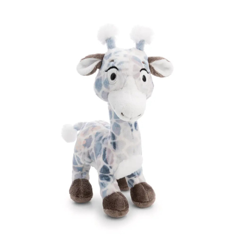 Plüschgiraffe mit hellblauen, grauen und weißen Flecken, steht aufrecht vor weißem Hintergrund. Plüschgiraffe mit hellblauen, grauen und weißen Flecken, steht aufrecht vor weißem Hintergrund.