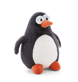 Plüsch-Pinguin mit orangem Schnabel, Füßen, weißem Bauch und großen Augen vor weißem Hintergrund.
