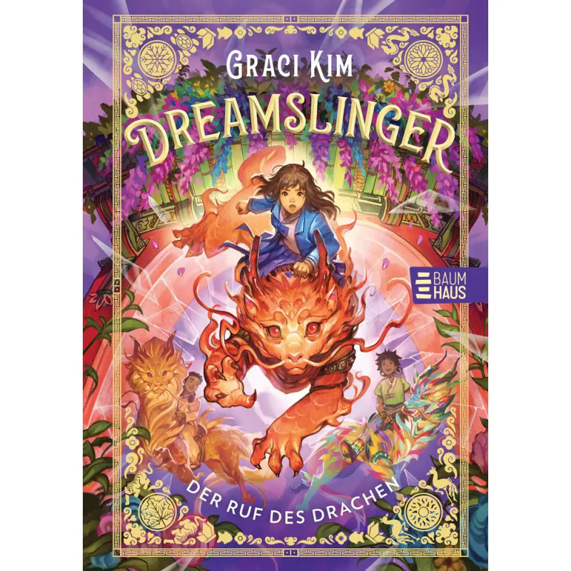 Buchcover von Dreamslinger von Graci Kim: Ein Mädchen reitet auf einem Drachen vor magisch-lebendiger Kulisse.
