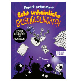 Deutsches Buchcover mit Cartoon-Skeletten, Taschenlampe und gruseligen Motiven auf lila Hintergrund.