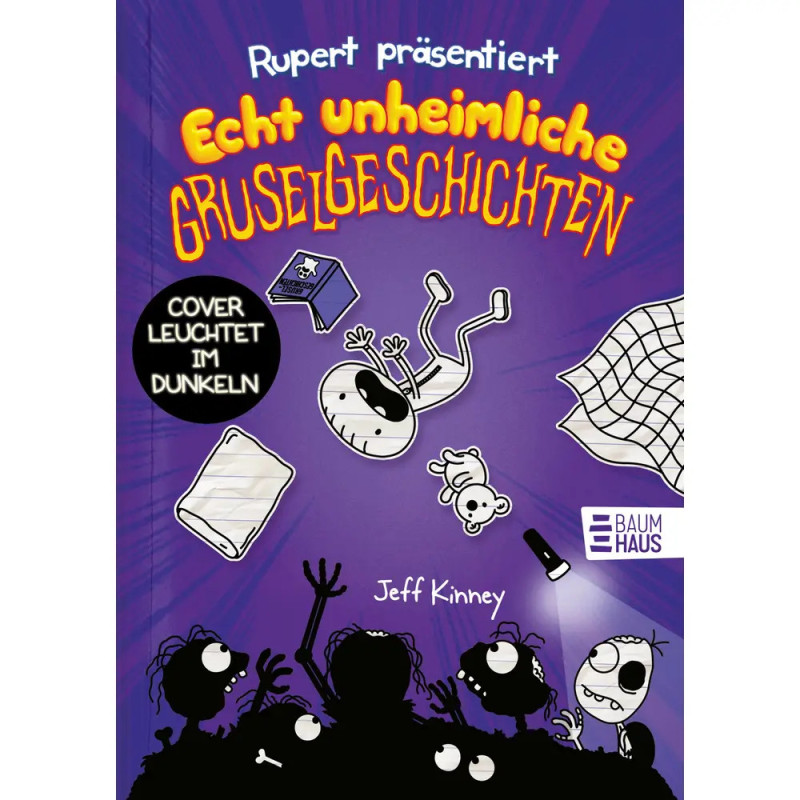 Deutsches Buchcover mit Cartoon-Skeletten, Taschenlampe und gruseligen Motiven auf lila Hintergrund.