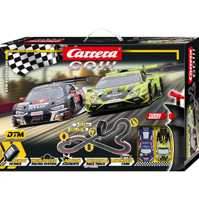 Carrera GO!!! Slotcar-Set mit zwei Rennwagen, Streckenlayout und Produktdetails auf der Verpackung.