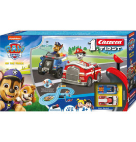 Carrera First Slotcar-Set mit Paw Patrol-Motiven, Chase- und Marshall-Fahrzeugen auf der Verpackung.
