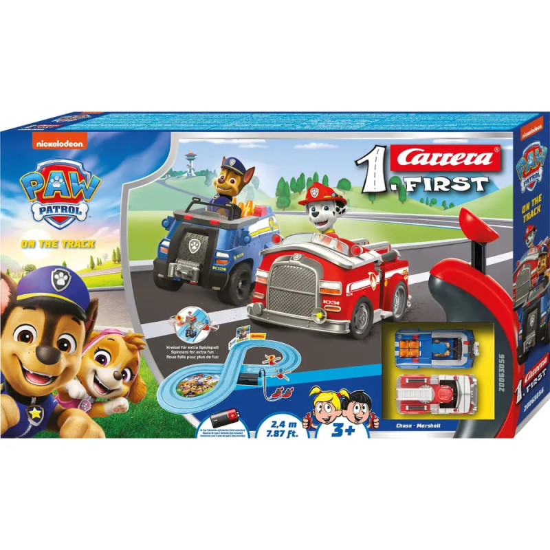 Carrera First Slotcar-Set mit Paw Patrol-Motiven, Chase- und Marshall-Fahrzeugen auf der Verpackung.
