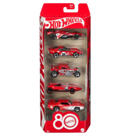 Hot Wheels 5er-Set in roter Verpackung zum 80. Mattel-Jubiläum, geeignet ab 3 Jahren.