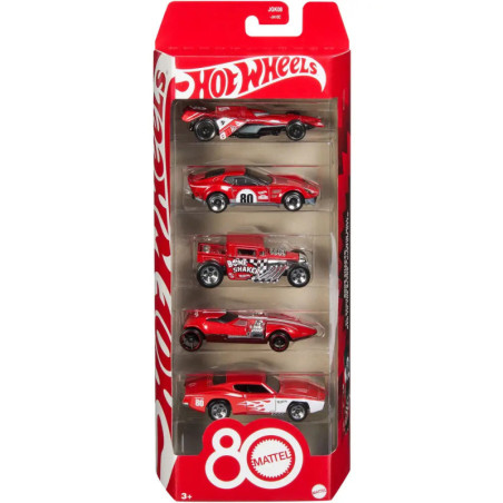 Hot Wheels 5er-Set in roter Verpackung zum 80. Mattel-Jubiläum, geeignet ab 3 Jahren.