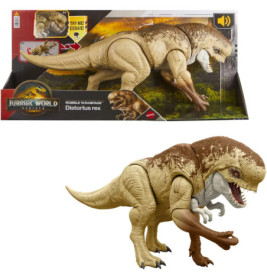 Jurassic World Distortus rex Dinosaurier-Spielzeug, braun-beige, in Verpackung und ausgepackt abgebildet.