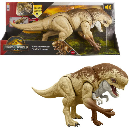 Jurassic World Distortus rex Dinosaurier-Spielzeug, braun-beige, in Verpackung und ausgepackt abgebildet.