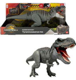 Jurassic World Tyrannosaurus rex Spielzeug, grau mit schwarzen Streifen, offenes Maul, in und außerhalb der Verpackung.