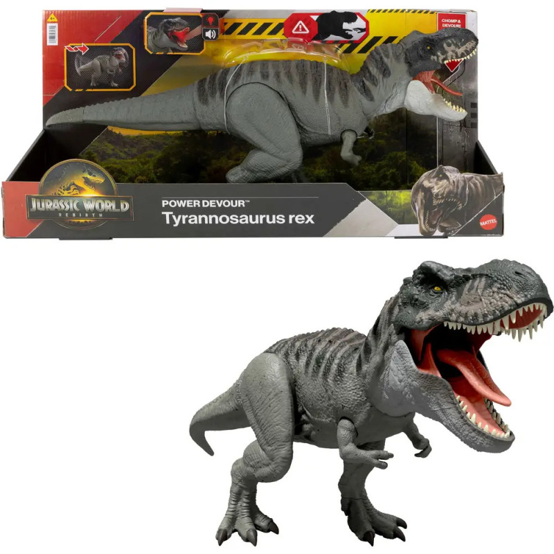 Jurassic World Tyrannosaurus rex Spielzeug, grau mit schwarzen Streifen, offenes Maul, in und außerhalb der Verpackung. Jurassic World Tyrannosaurus rex Spielzeug, grau mit schwarzen Streifen, offenes Maul, in und außerhalb der Verpackung.