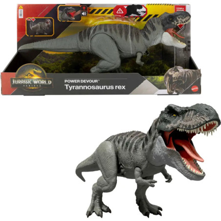 Jurassic World Tyrannosaurus rex Spielzeug, grau mit schwarzen Streifen, offenes Maul, in und außerhalb der Verpackung.