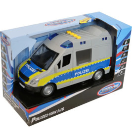 Spielzeug-Polizeiwagen in blau-silberner Verpackung, beschriftet mit Polizei und blau-gelben Details.