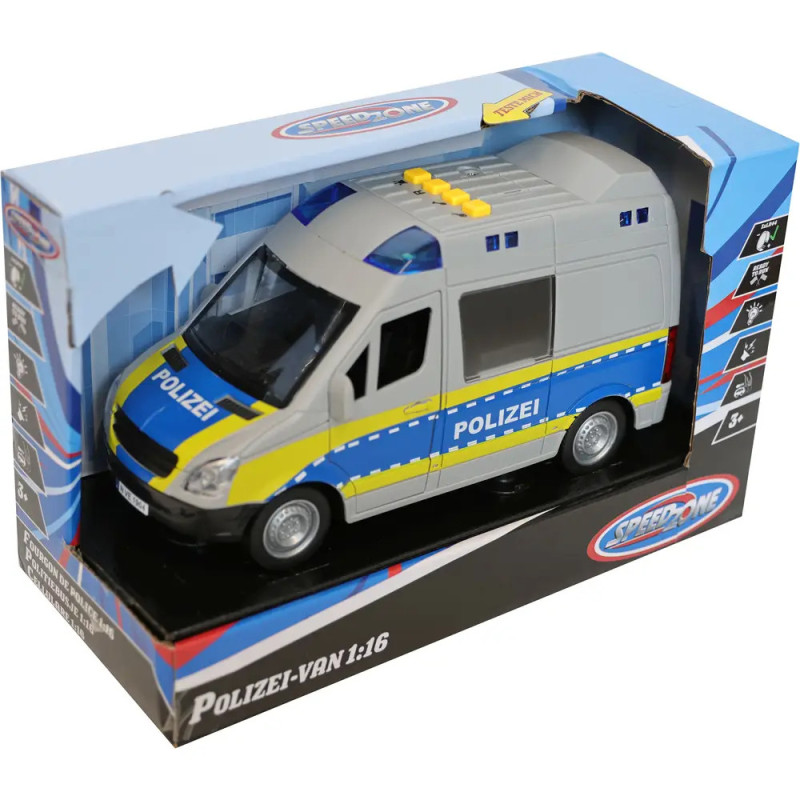 Spielzeug-Polizeiwagen in blau-silberner Verpackung, beschriftet mit Polizei und blau-gelben Details. Spielzeug-Polizeiwagen in blau-silberner Verpackung, beschriftet mit Polizei und blau-gelben Details.