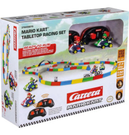 Mario Kart Tabletop Racing Set mit bunter Strecke, Autos, Mario- und Luigi-Figuren sowie Fernbedienungen auf der Box.