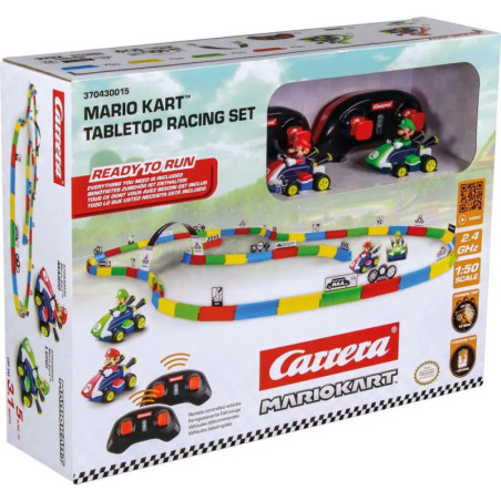 Mario Kart Tabletop Racing Set mit bunter Strecke, Autos, Mario- und Luigi-Figuren sowie Fernbedienungen auf der Box.