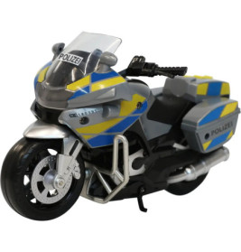 Spielzeug-Polizeimotorrad mit POLIZEI-Beschriftung, blau-gelben Markierungen und schwarzen Rädern.