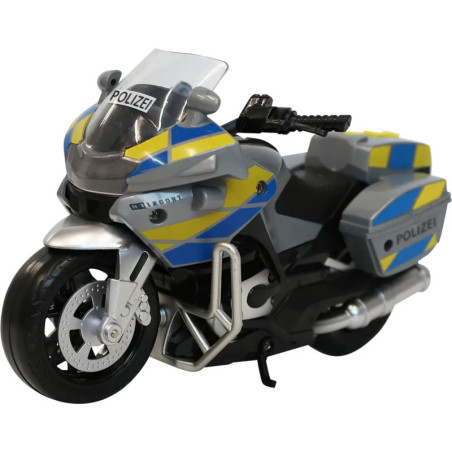 Spielzeug-Polizeimotorrad mit POLIZEI-Beschriftung, blau-gelben Markierungen und schwarzen Rädern.