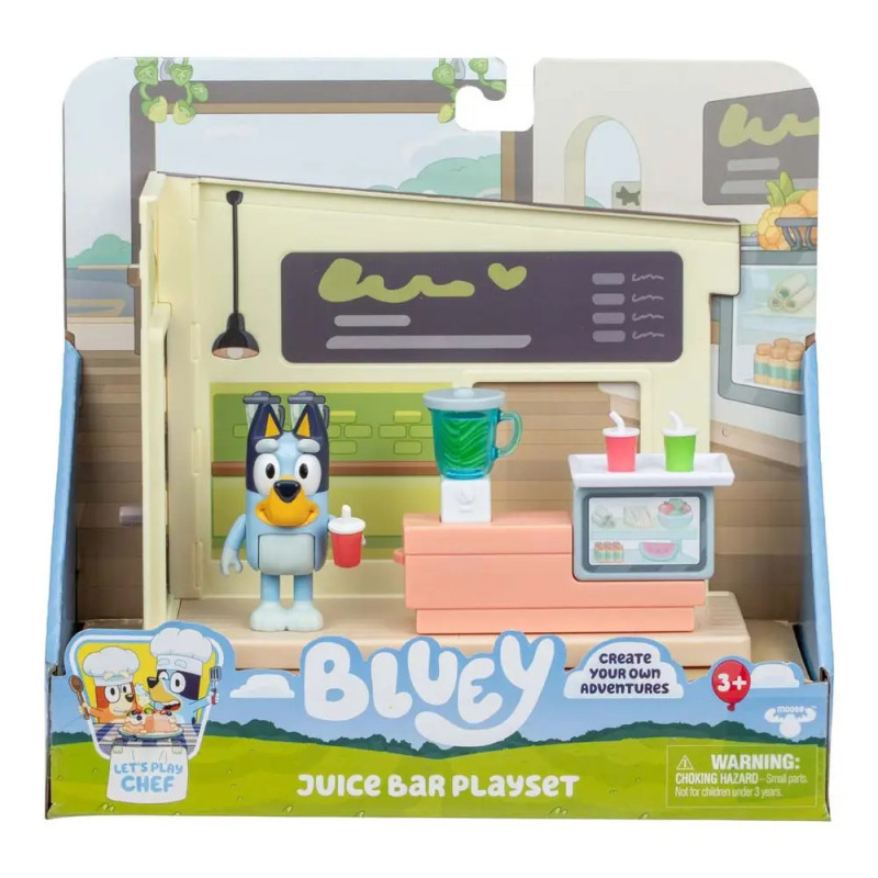 Bluey Juice Bar Spielset in Verpackung mit Bluey-Figur, Mixer, Getränken und Saftbar-Ausstattung.