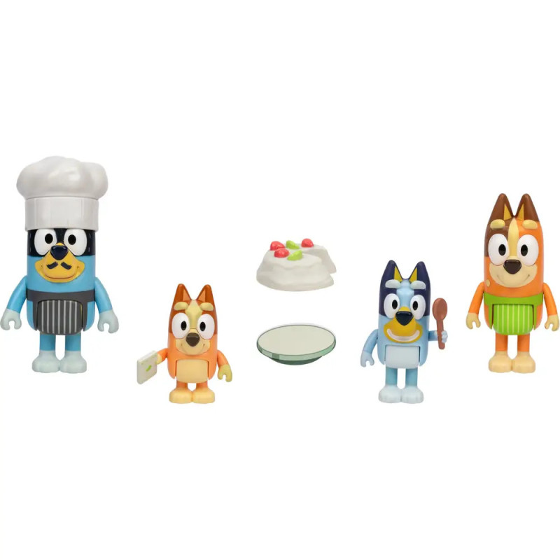Vier Bluey-Figuren mit Küchenzubehör wie Kochmütze, Teller, Löffel und Essen. Vier Bluey-Figuren mit Küchenzubehör wie Kochmütze, Teller, Löffel und Essen.