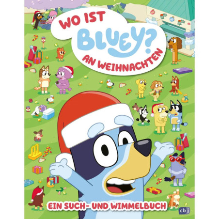 Cover von Wo ist Bluey? An Weihnachten mit Bluey im Weihnachtsmannhut und festlichen Szenen und Figuren.