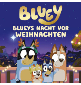 Bluey und Familie in festlichen Outfits unter Weihnachtslichtern, darüber der Schriftzug Blueys Nacht vor Weihnachten.