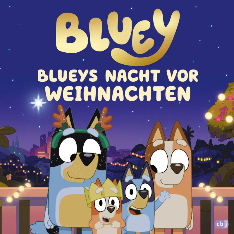 Bluey und Familie in festlichen Outfits unter Weihnachtslichtern, darüber der Schriftzug Blueys Nacht vor Weihnachten.