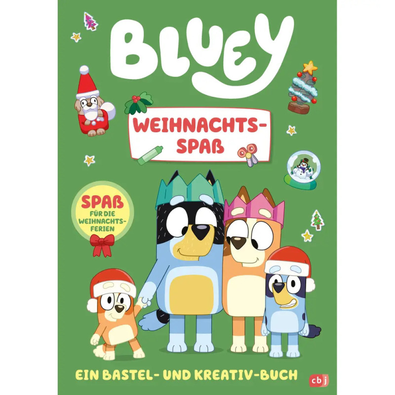 Vier Cartoonhunde mit Festhüten auf grünem Buchcover Bluey Weihnachtsspaß und Weihnachtsdeko.