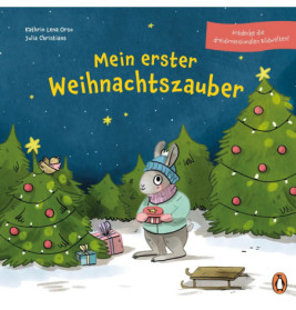 Ein Hase mit Mütze hält ein Geschenk zwischen geschmückten Weihnachtsbäumen, umgeben von Schnee und weiteren Geschenken.