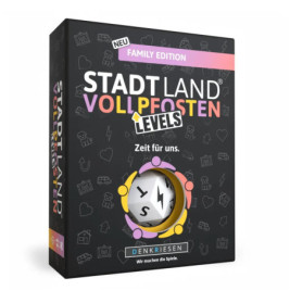 Brettspielschachtel Stadt Land Vollpfosten Levels Family Edition mit bunten Symbolen und Würfel in der Mitte.