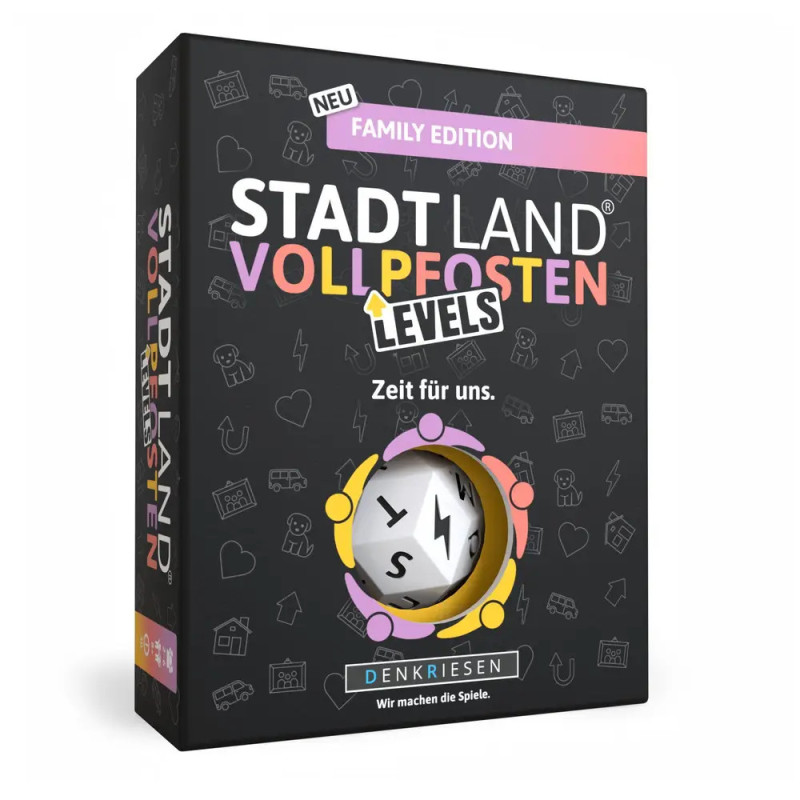 Brettspielschachtel Stadt Land Vollpfosten Levels Family Edition mit bunten Symbolen und Würfel in der Mitte.
