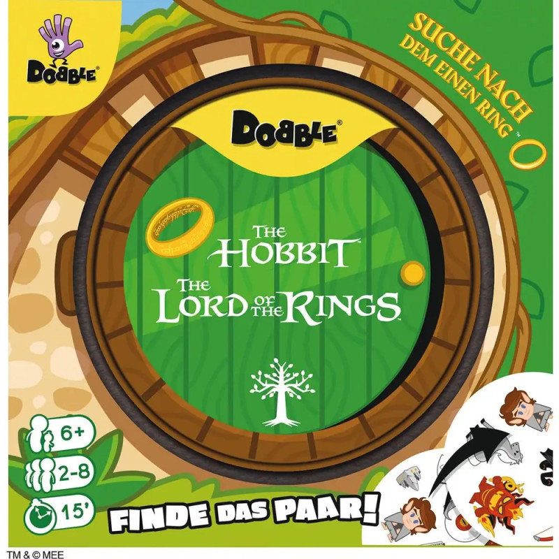 Grüne Hobbit-Tür mit Logos und Symbolen von Dobble, Der Hobbit und Herr der Ringe Spielen.