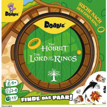 Grüne Hobbit-Tür mit Logos und Symbolen von Dobble, Der Hobbit und Herr der Ringe Spielen.