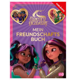 Zwei animierte Mädchen mit bunten Haaren lächeln und halten sich auf dem pinken Unicorn Academy Freundebuch an den Händen.