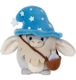Ein Plüschhase mit blauem Sternen-Zauberhut und einer Tasche voller Zaubertränke.