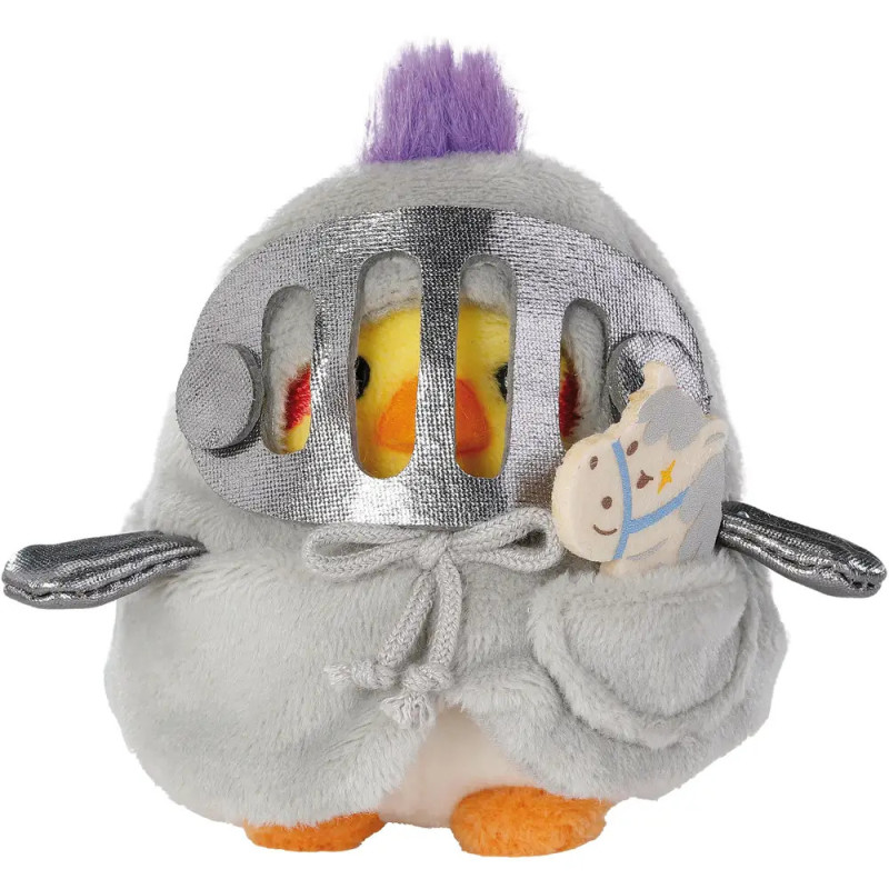 Gelbes Plüschküken mit silbernem Ritterhelm und lila Feder hält ein kleines Plüschpferd.