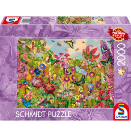 Schmidt Puzzle mit 2000 Teilen, zeigt eine bunte Gartenszene mit Blumen, Schmetterlingen und Vögeln.