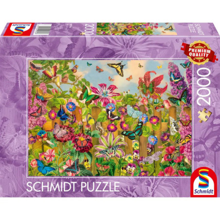 Schmidt Puzzle mit 2000 Teilen, zeigt eine bunte Gartenszene mit Blumen, Schmetterlingen und Vögeln.