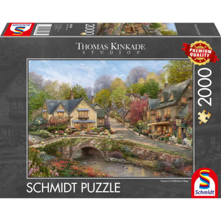 Schachtel mit 2000-Teile-Schmidt-Puzzle, Motiv: Dorfidylle von Thomas Kinkade.