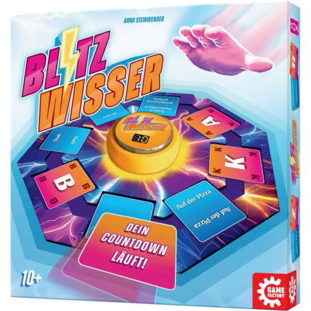 Bunte Blitz Wisser-Spielbox mit Karten, Sanduhr und einem Fuß, der ins Bild tritt.