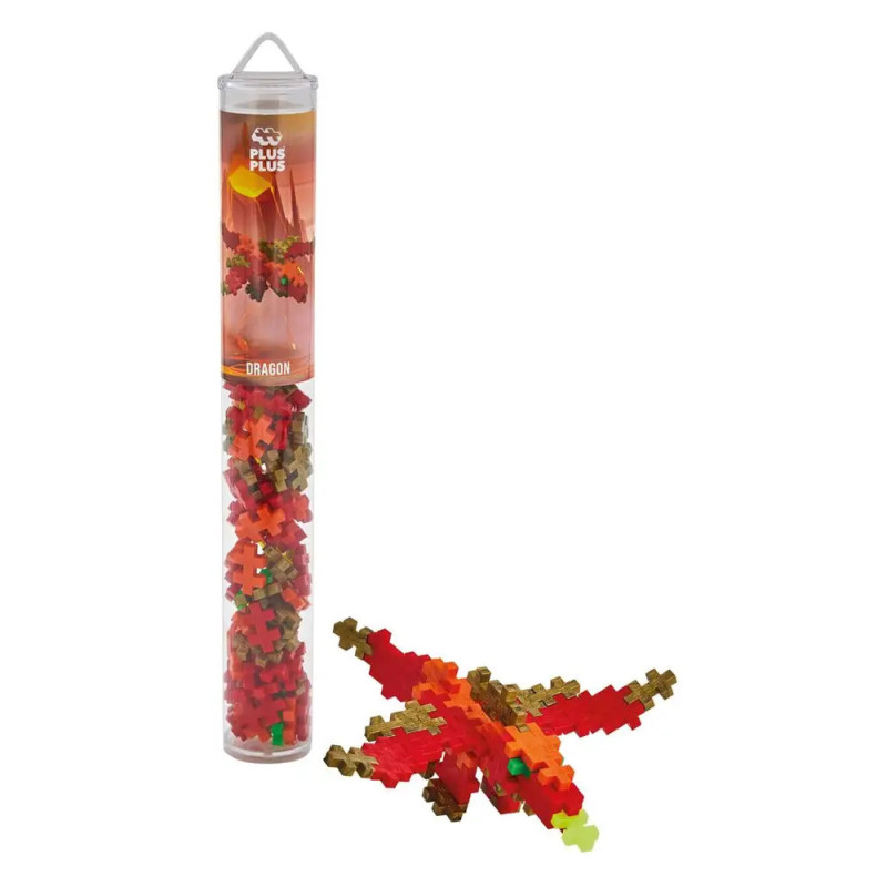 Eine Röhre mit Plus-Plus-Bausteinen und ein daraus gebautes Drachenmodell in Rot, Grün und Gelb.