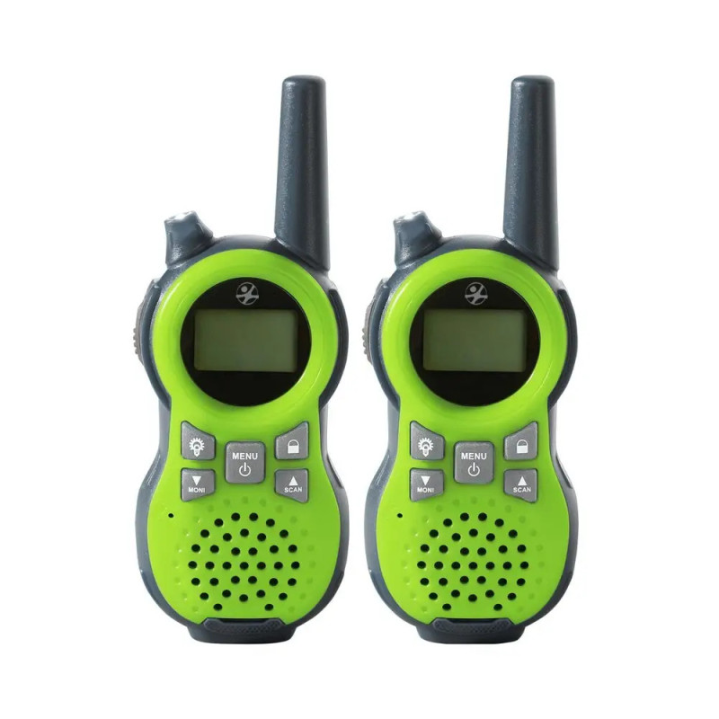 Zwei grün-schwarze Walkie-Talkies mit Antenne und Display liegen nebeneinander.