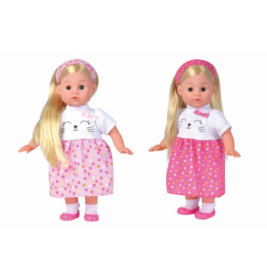 Zwei blonde Puppen in gepunkteten Kleidern und Stirnbändern stehen nebeneinander vor weißem Hintergrund.